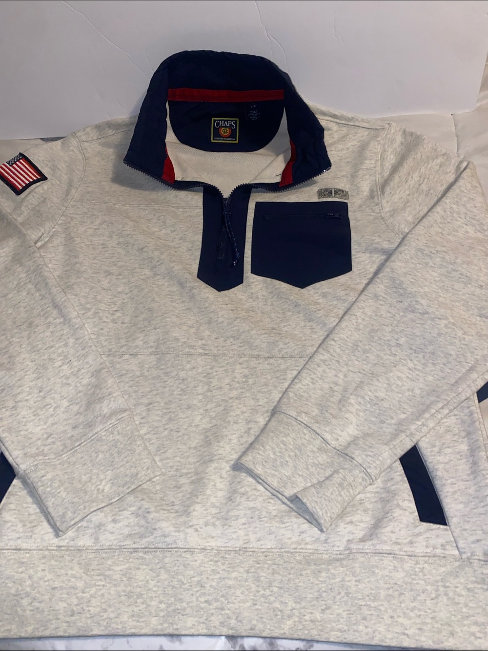 Chaps Men's Light Gray Zip-Up Sweater with Navy Trim